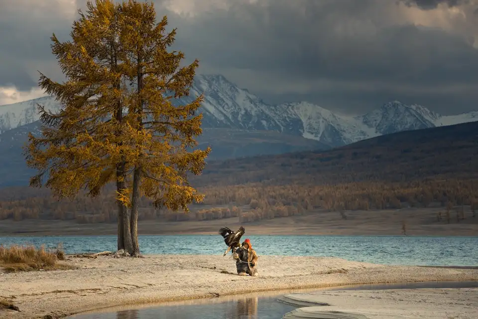 Eagle Hunter by Heart-Shaped Lake — Autumn Scene in White River Valley, Western Mongolia